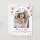 elegantes botanisches Rosa-Script-Abschluss-Foto Dankeskarte (Vorderseite)