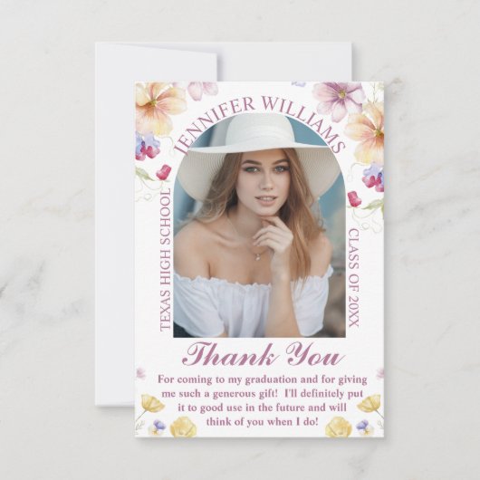 elegantes botanisches Rosa-Script-Abschluss-Foto Dankeskarte (Vorderseite)