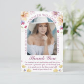 elegantes botanisches Rosa-Script-Abschluss-Foto Dankeskarte (Stehend Vorderseite)