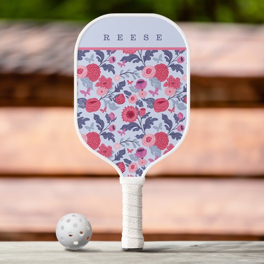Elegantes botanisches Rosa und Lila Blumenmuster Pickleball Schläger