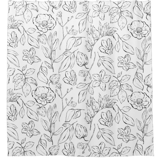 Elegantes botanisches Schwarz-Weiß-Blau Duschvorhang (Vorderseite)