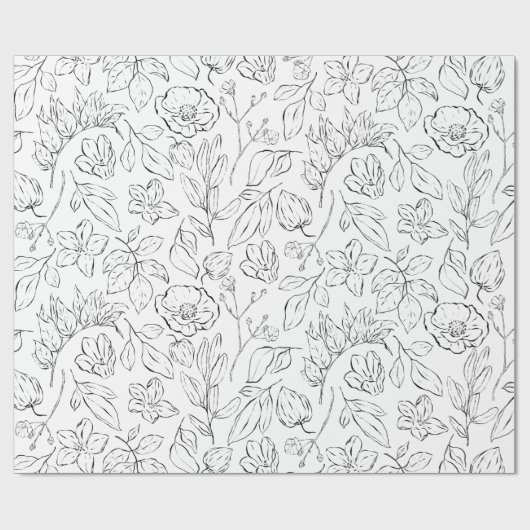 Elegantes botanisches Schwarz-Weiß-Blau Geschenkpapier (Flach)