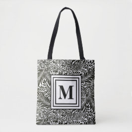 Elegantes botanisches Schwarz-Weiß-Mit Monogramm Tasche