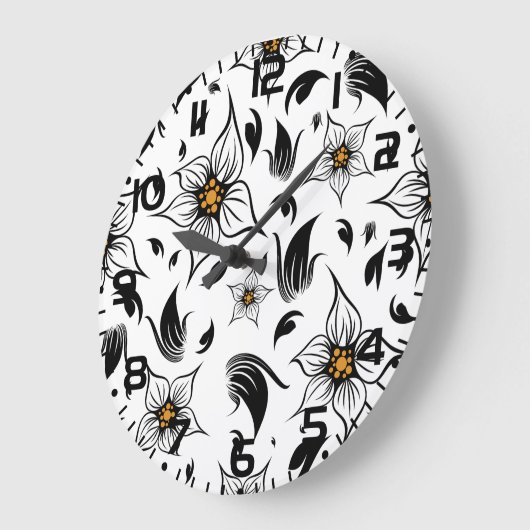 Elegantes botanisches Schwarz-Weiß-Muster Große Wanduhr (Winkel)