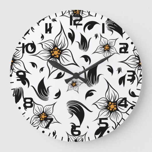 Elegantes botanisches Schwarz-Weiß-Muster Große Wanduhr (Vorderseite)