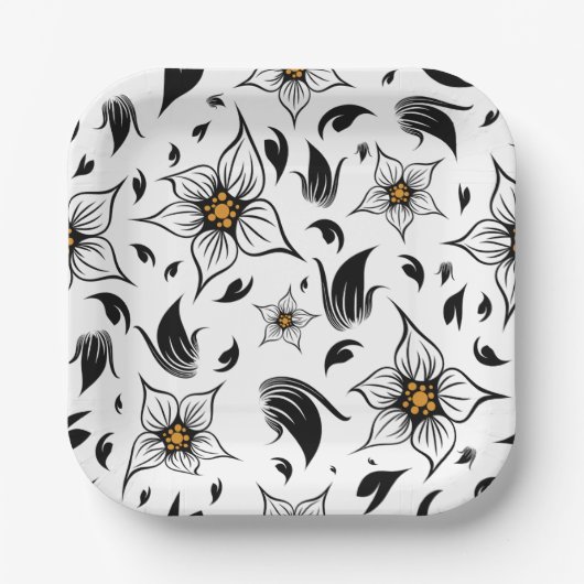 Elegantes botanisches Schwarz-Weiß-Muster Pappteller (Vorderseite)