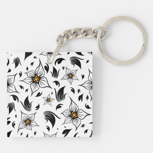 Elegantes botanisches Schwarz-Weiß-Muster Schlüsselanhänger (Rückseite)