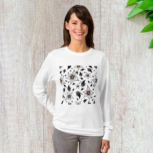 Elegantes botanisches Schwarz-Weiß-Muster T-Shirt