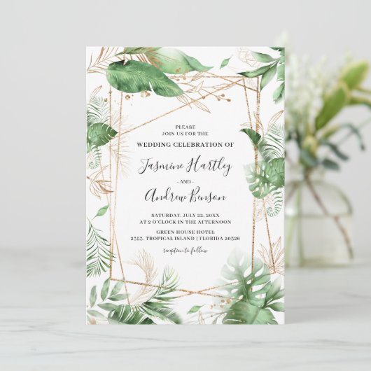 Elegantes botanisches Sommerblatt & Goldhochzeit Einladung (Stehend Vorderseite)