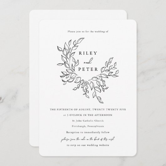 Elegantes botanisches Wappen mit UAWG Code Hochzei Einladung (Vorne/Hinten)