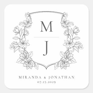 Elegantes Botanisches Wappen Monogram Wedding Quadratischer Aufkleber