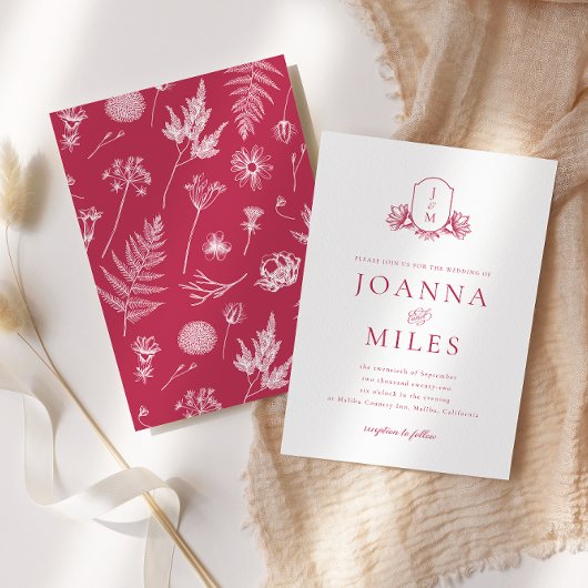 Elegantes botanisches Wappen Viva Magenta Monogram Einladung