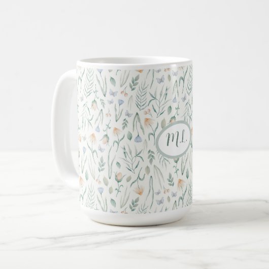 Elegantes botanisches Wasserfarben-Blumenmonogramm Kaffeetasse (Vorderseite Links)