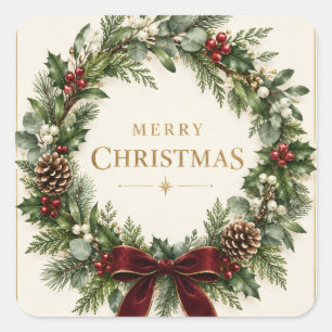 Elegantes botanisches Weihnachten, Vintage-Grün Quadratischer Aufkleber
