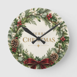 Elegantes botanisches Weihnachten, Vintage-Grün Runde Wanduhr