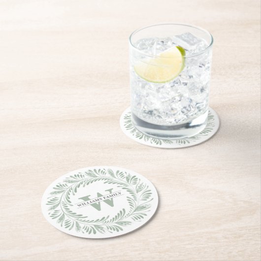 Elegantes Botanisches Wreath Monogramm Runder Pappuntersetzer (Vor Ort)