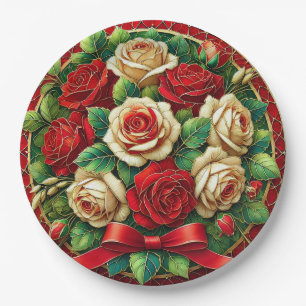 Elegantes Bouquet mit roten und weißen Rose Pappteller