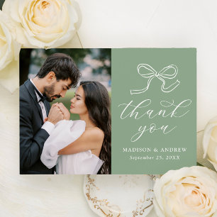 Elegantes Bow Sage Green Foto Hochzeit Dankeskarte