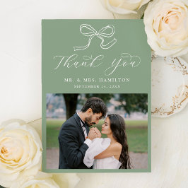 Elegantes Bow Sage Green Foto Hochzeit Dankeskarte