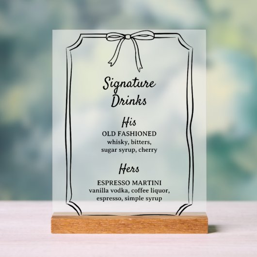 Elegantes Bow Signature Drinks Hochzeitsmenü Bar Acrylschild (Neutral)