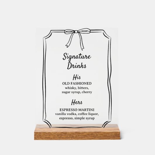 Elegantes Bow Signature Drinks Hochzeitsmenü Bar Acrylschild (Vorderseite)