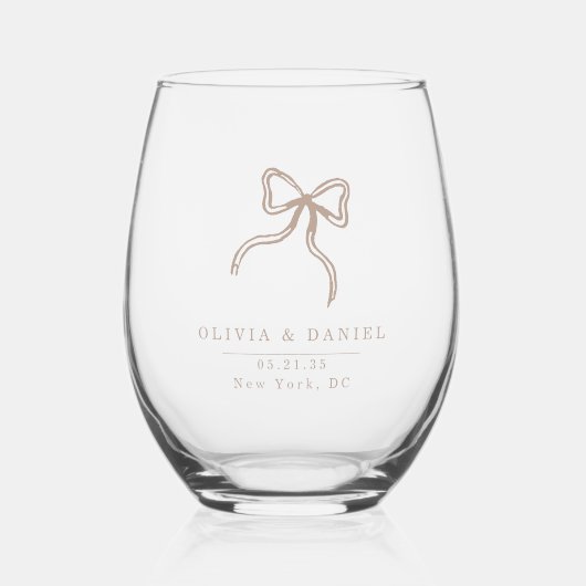 Elegantes Bow Wedding Beige Fevor Glass Weinglas Ohne Stiel (Vorderseite)