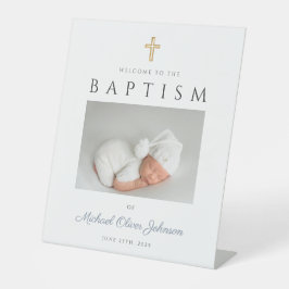 Elegantes Boy Baptism Dusty Blue Foto Willkommen Sockelschild