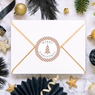 Elegantes braunes Gingham-Karo-Kiefern-Weihnachten Runder Aufkleber