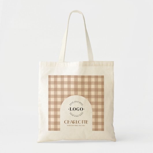 Elegantes, braunes Gingham-Preppy-Logo Tragetasche (Vorne)