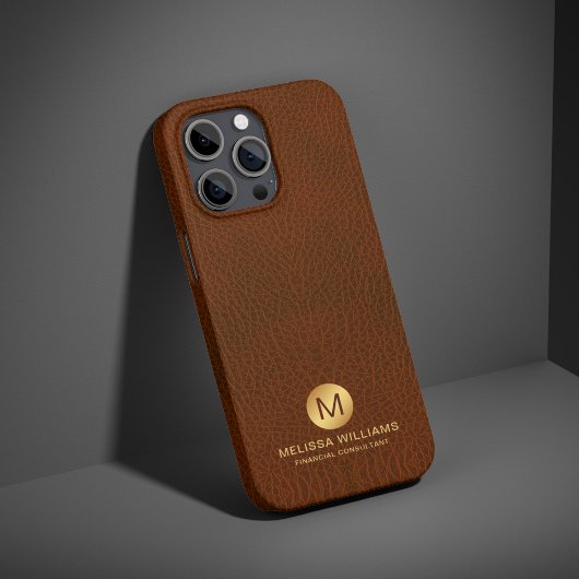 Elegantes, braunes Imitat Leather & Gold Monogram Case-Mate iPhone Hülle