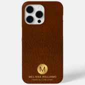 Elegantes, braunes Imitat Leather & Gold Monogram Case-Mate iPhone Hülle (Rückseite)