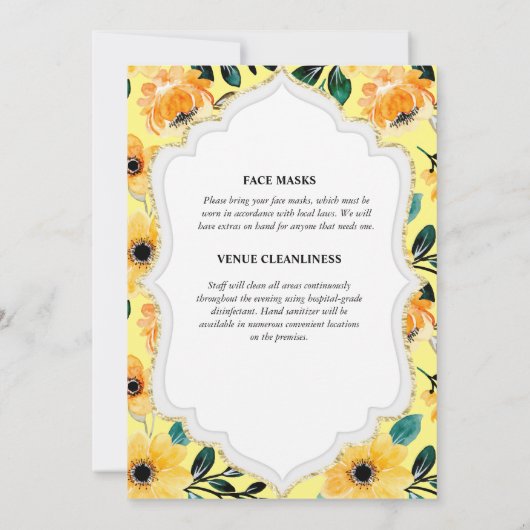 Elegantes Brautkleid Blumengelb-Tischtuch  Einladung (Rückseite)