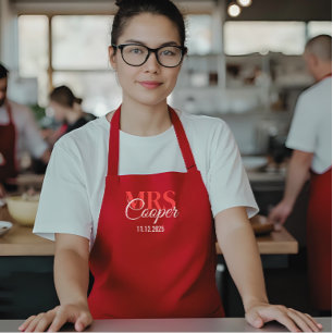 Elegantes Brautpaar Name Rot Elfenbeinfarben  Schürze