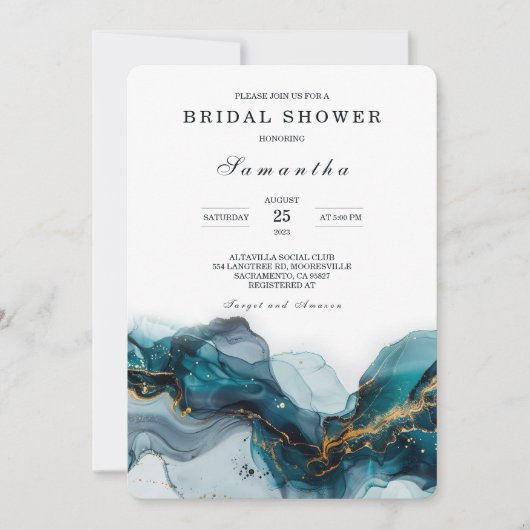 Elegantes Brautparty aus Aquamarinem und Goldmarmo Einladung (Vorderseite)