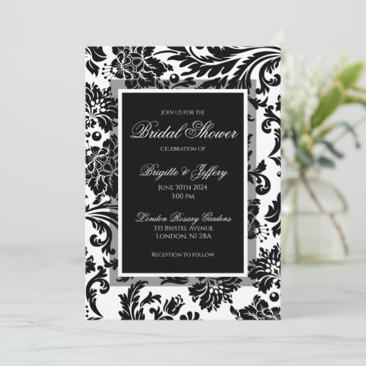 Elegantes Brautparty aus schwarz-weißem Damast Einladung (Stehend Vorderseite)