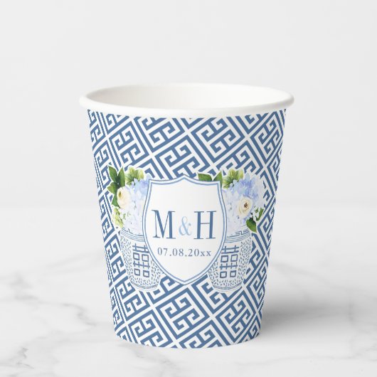 Elegantes Brautparty aus Wappen, Blau und Weiß Pappbecher (Vorderseite)