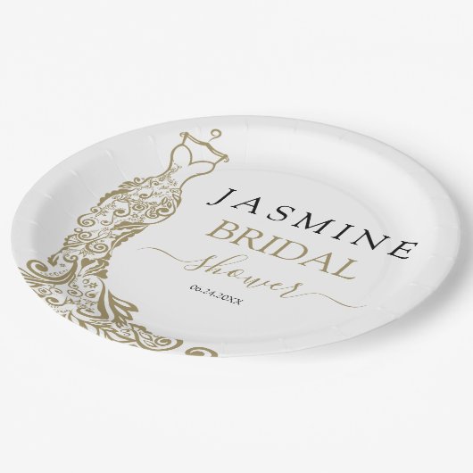 Elegantes Brautparty aus Weiß- und Goldenem Rock Pappteller (Schrägansicht)