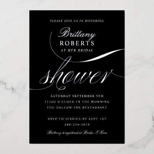 Elegantes Brautparty Black Silver Folieneinladung (Vorderseite)