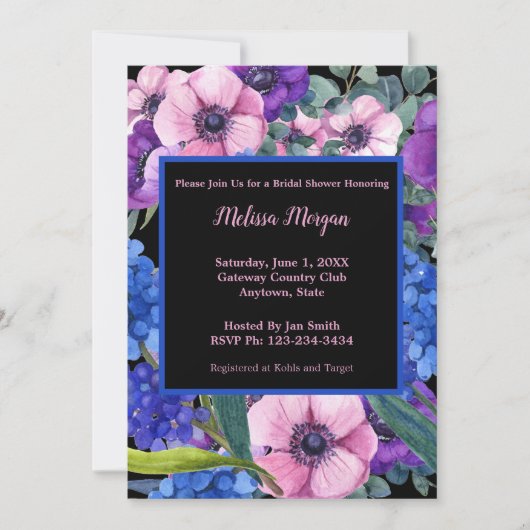 Elegantes Brautparty Blau Lila Rosa Einladung (Vorderseite)