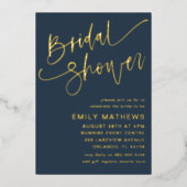 Elegantes Brautparty Blue & Gold Calligraphy Folieneinladung (Vorderseite)