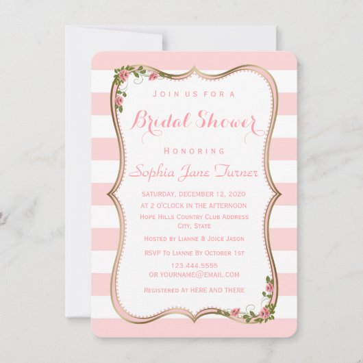 Elegantes Brautparty Blush Stripes Einladung (Vorderseite)