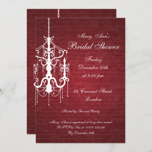 Elegantes Brautparty Chandelier Red Einladung (Vorne/Hinten)