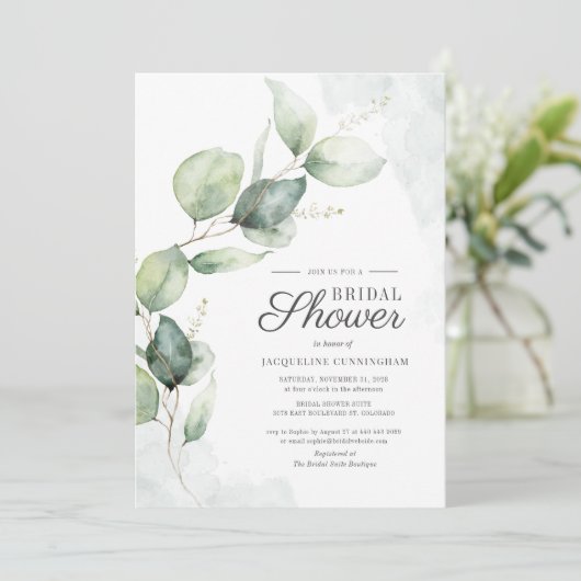 Elegantes Brautparty Eukalyptus Script Floral Einladung (Stehend Vorderseite)