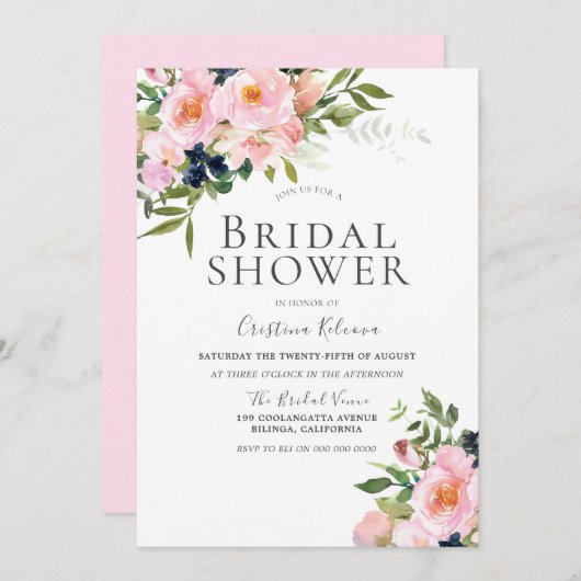 Elegantes Brautparty für Wasserfarben-Blume Einladung (Vorne/Hinten)