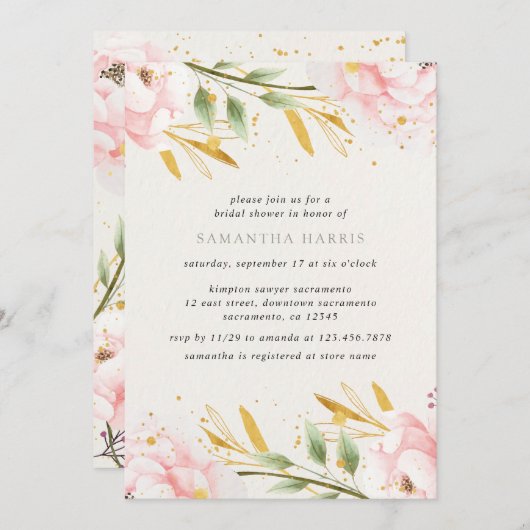 Elegantes Brautparty in Aquarellfarbe Rosa und Gol Einladung (Vorne/Hinten)