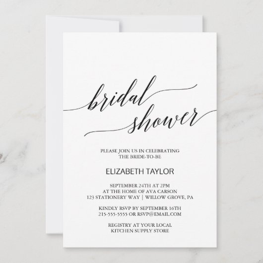 Elegantes Brautparty in Weiß und Schwarz Einladung (Vorderseite)