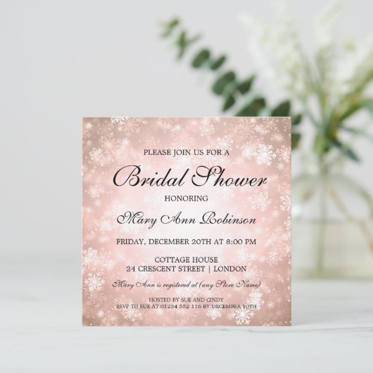 Elegantes Brautparty Kupfer Winter Wonderland Einladung (Stehend Vorderseite)