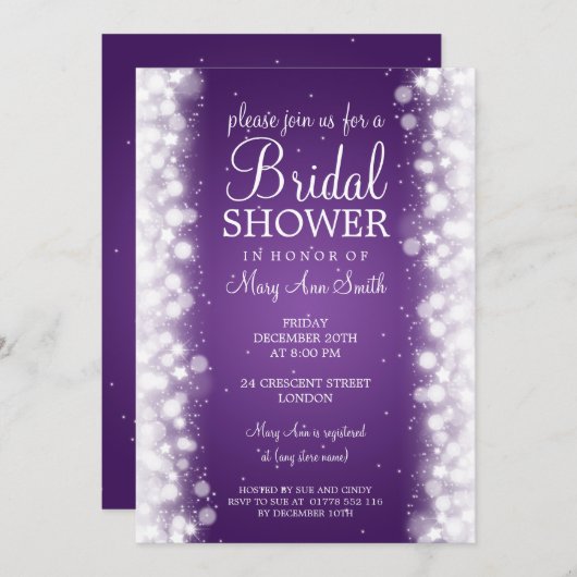 Elegantes Brautparty Magic Sparkasse Lila Einladung (Vorne/Hinten)