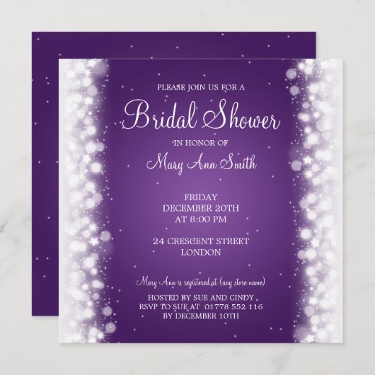 Elegantes Brautparty Magic Sparkle Lila Einladung (Vorne/Hinten)