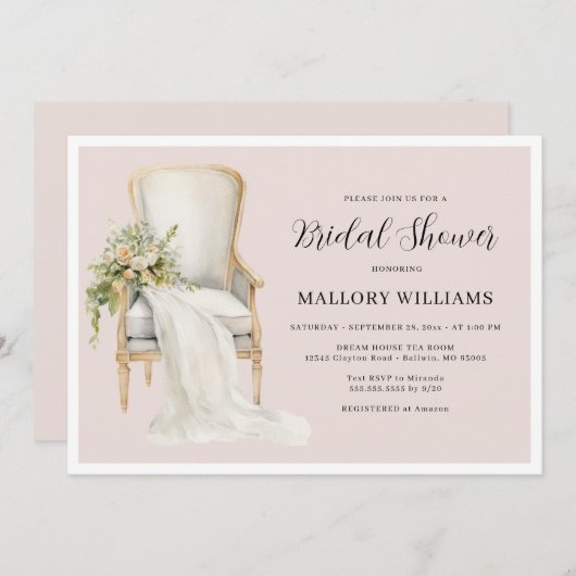 Elegantes Brautparty mit rosafarbenem Sessel Einladung (Vorne/Hinten)